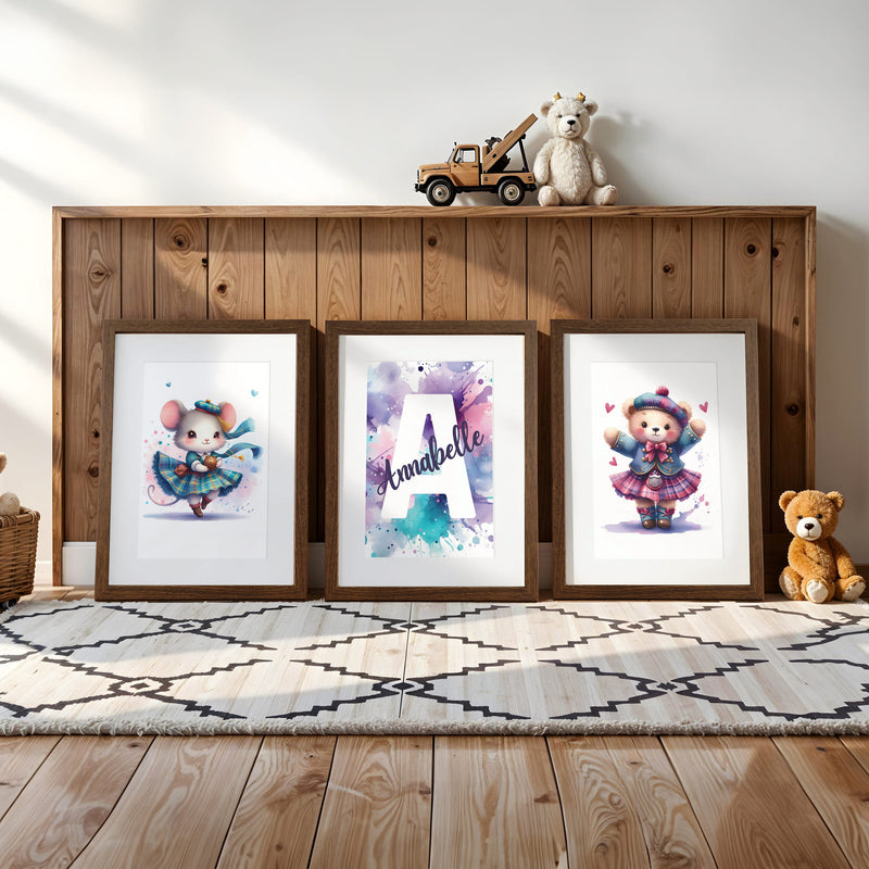 Highland Dancer Art Set | Personalised Nursery Prints Set of 3