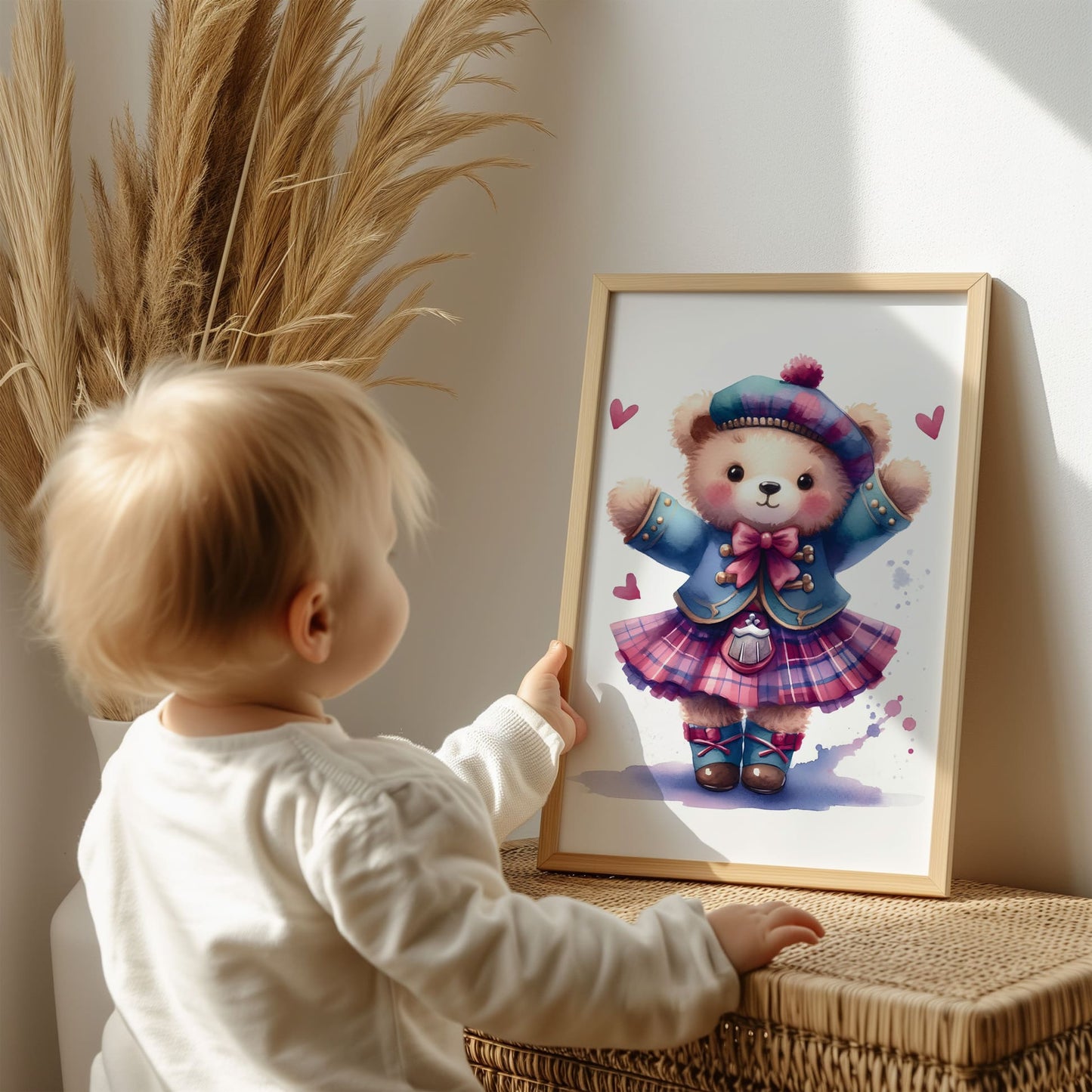 Set of 3 Personalised Childrens prints featuring a highland dancing Teddy Bear and mouse. Third print is multicoloured paint splatter with childs name and initial over it. Colour palette of purples and teals