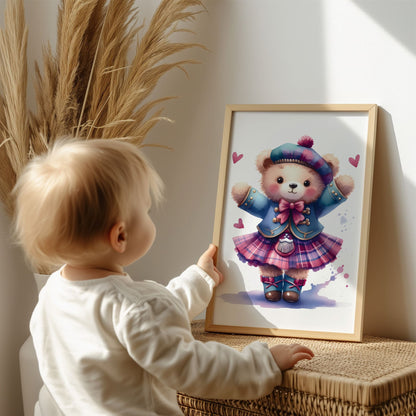 Set of 3 Personalised Childrens prints featuring a highland dancing Teddy Bear and mouse. Third print is multicoloured paint splatter with childs name and initial over it. Colour palette of purples and teals