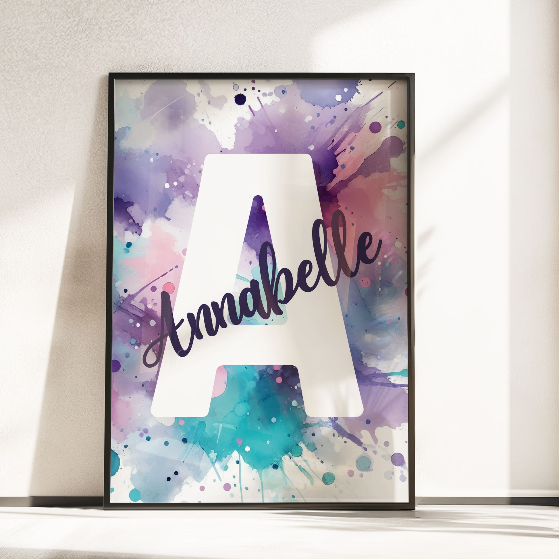 Set of 3 Personalised Childrens prints featuring a highland dancing Teddy Bear and mouse. Third print is multicoloured paint splatter with childs name and initial over it. Colour palette of purples and teals