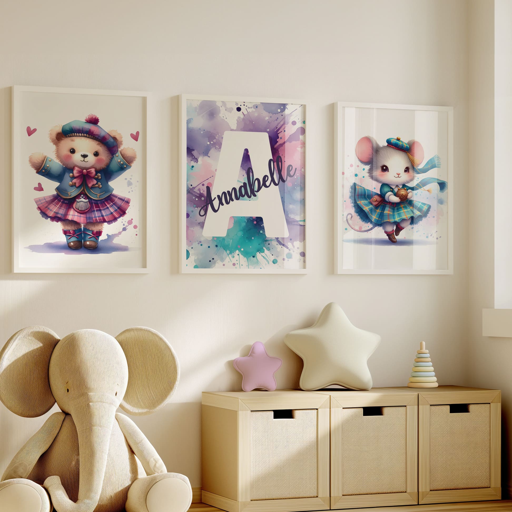 Set of 3 Personalised Childrens prints featuring a highland dancing Teddy Bear and mouse. Third print is multicoloured paint splatter with childs name and initial over it. Colour palette of purples and teals