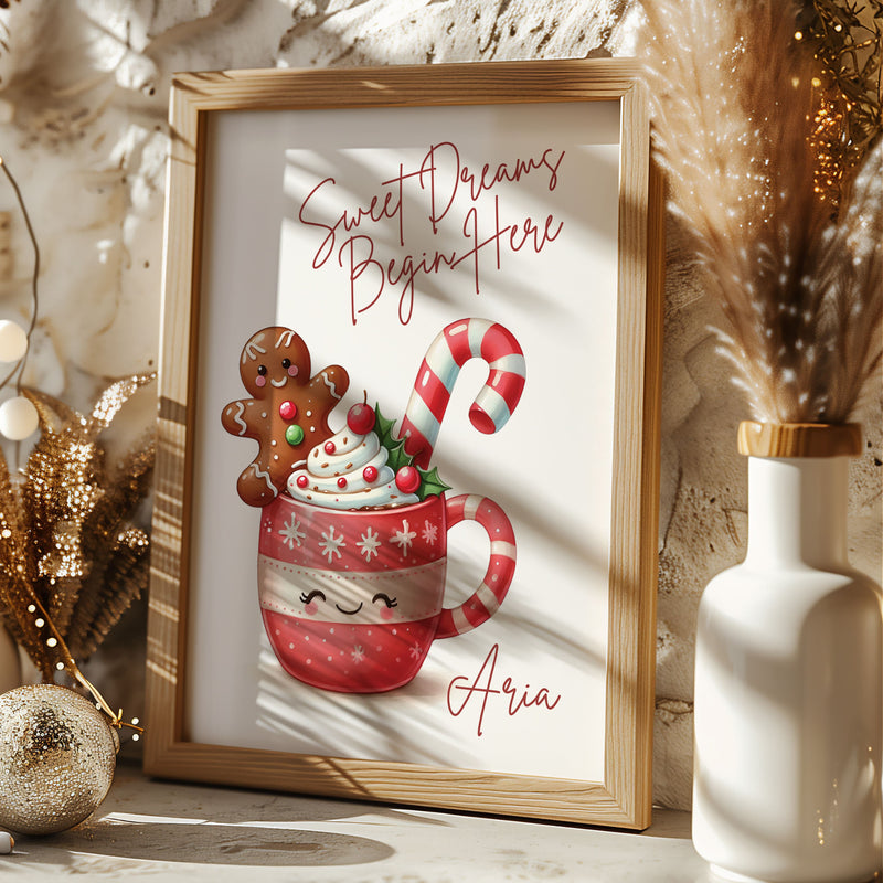 Cute Wall Print with a smily mug of hot chocolate with candy cane and gingerbread man. Quote read Sweet Dreams Begin Here and personalised with childs name