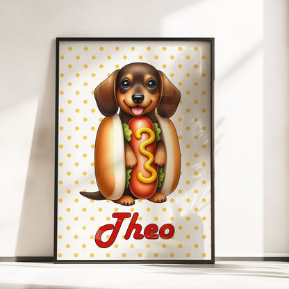 Retro Dachshund Nursery Wall Art | Set of 3 Personalised “Hot Dog Days” Prints