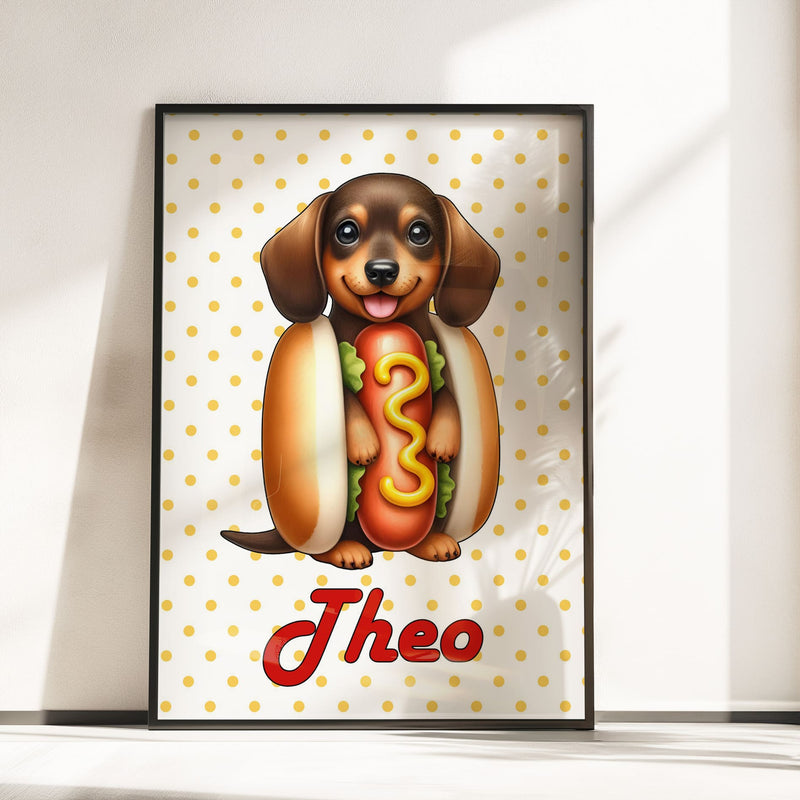 Retro Dachshund Nursery Wall Art | Set of 3 Personalised “Hot Dog Days” Prints