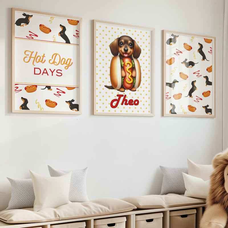 Retro Dachshund Nursery Wall Art | Set of 3 Personalised “Hot Dog Days” Prints