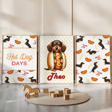 Retro Dachshund Nursery Wall Art | Set of 3 Personalised “Hot Dog Days” Prints