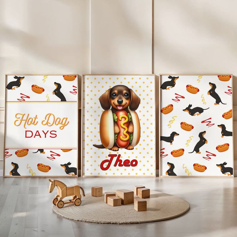 Retro Dachshund Nursery Wall Art | Set of 3 Personalised “Hot Dog Days” Prints