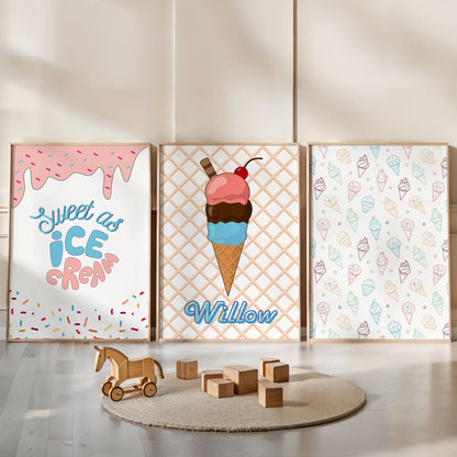 Retro Ice Cream Nursery Wall Art | Set of 3 Personalised Prints