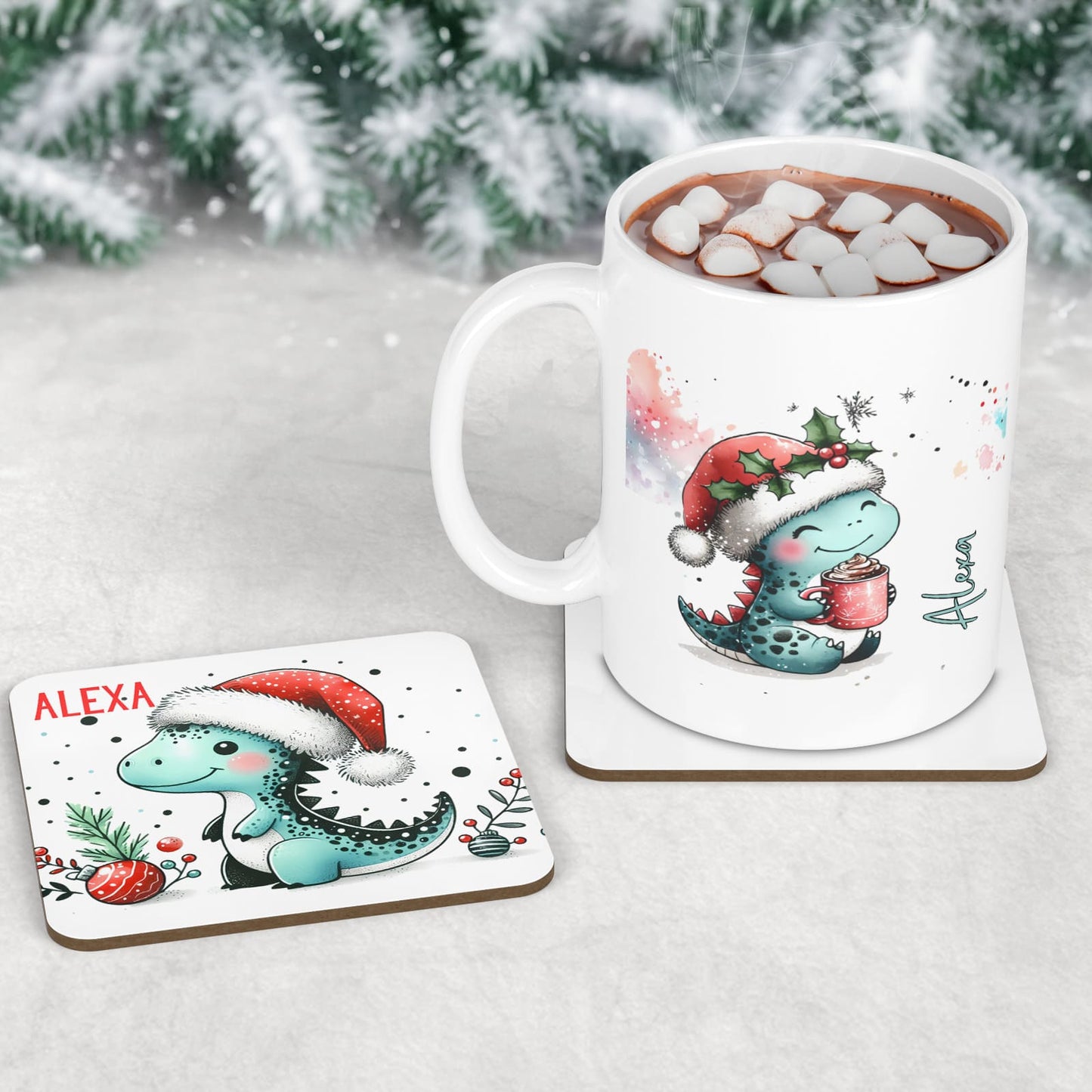 Christmas Mug & Coaster set for children. Featuring cute dinosaur designs wearing santa hats. Simple and cute, personalised with childs name