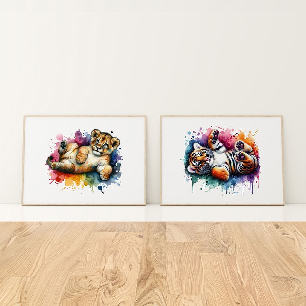 Set of two horizontal A4 prints featuring multicoloured animals - tiger cub and lion cub. The animals are depicted in a vibrant watercolour style with multiple colours. The prints are very bright and colourful, adding a lively touch to any space. 