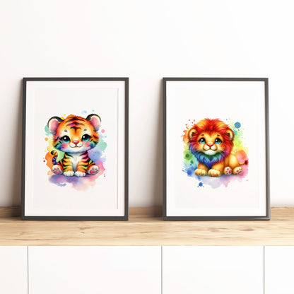 Set of two A4 prints featuring multicoloured animals - tiger cub and lion cub. The animals are depicted as cartoon illustrations in a vibrant watercolour style with multiple colours. The prints are very bright and colourful, adding a lively touch to any space. 