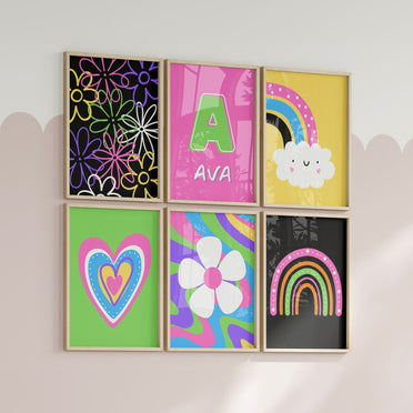 Set of six A6 Prints. Bold Multicoloured with boho designs - heart, flower, rainbows. One print is personalised with childs name and initial
