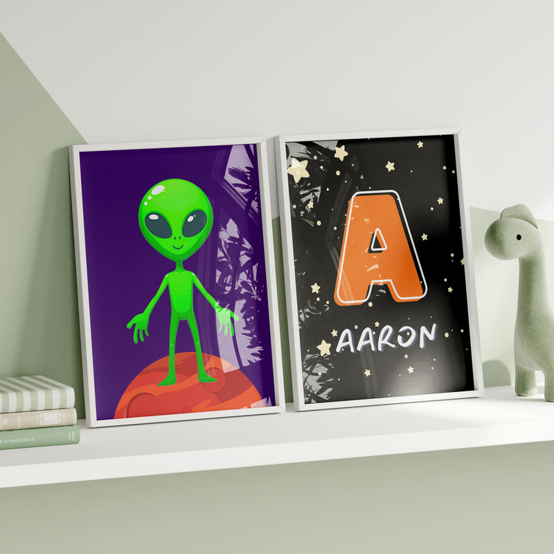 Set of Six A6 Prints. All in dark shades of blue & black showing various space themed images - ei alien, rocket, astronaut. Simple design suited for young children. One print is personalised with Childs name and initial