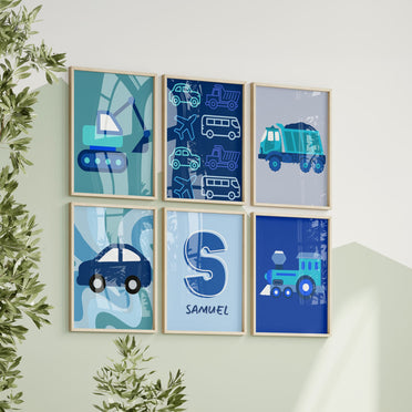 Set of Six A6 Prints. All in dark shades of blue & black showing various space themed images - ei alien, rocket, astronaut. Simple design suited for young children. One print is personalised with Childs name and initial