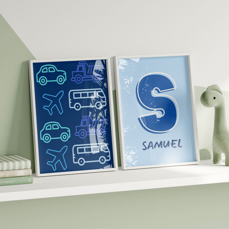 Set of Six A6 Prints. All in dark shades of blue & black showing various space themed images - ei alien, rocket, astronaut. Simple design suited for young children. One print is personalised with Childs name and initial