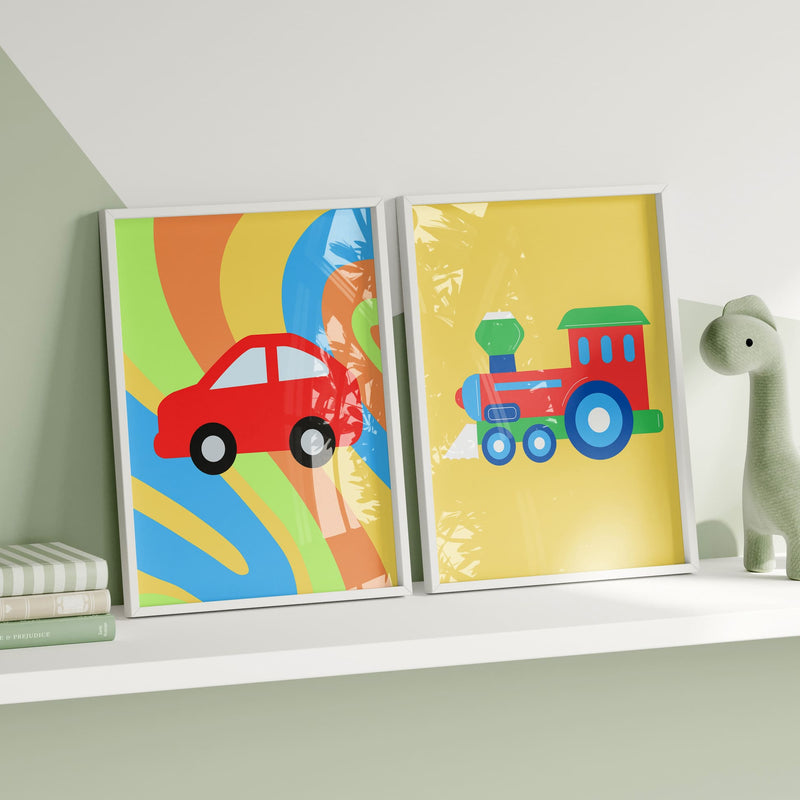 Set of Six A6 Prints. Multicoloured prints showing various modes of transport. Simple design suited for young children. One print is personalised with Childs name and initial