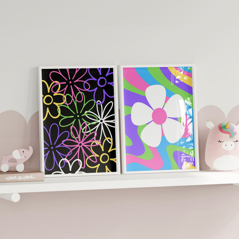 Set of six A6 Prints. Bold Multicoloured with boho designs - heart, flower, rainbows. One print is personalised with childs name and initial