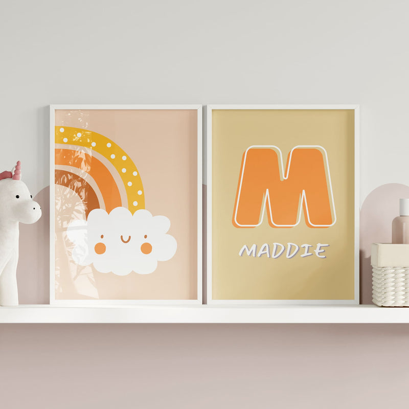 Set of six A6 Prints. All in shades of yellow/brown/orange with boho designs - heart, flower, rainbows. One print is personalised with childs name and initial