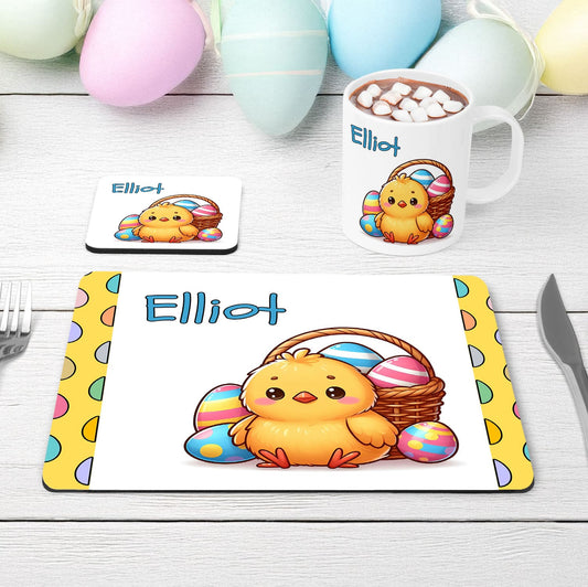 Personalised Minimalist Easter Chick Dinner Set – Simple, vibrant cartoon chick with eggs and a blue name.
