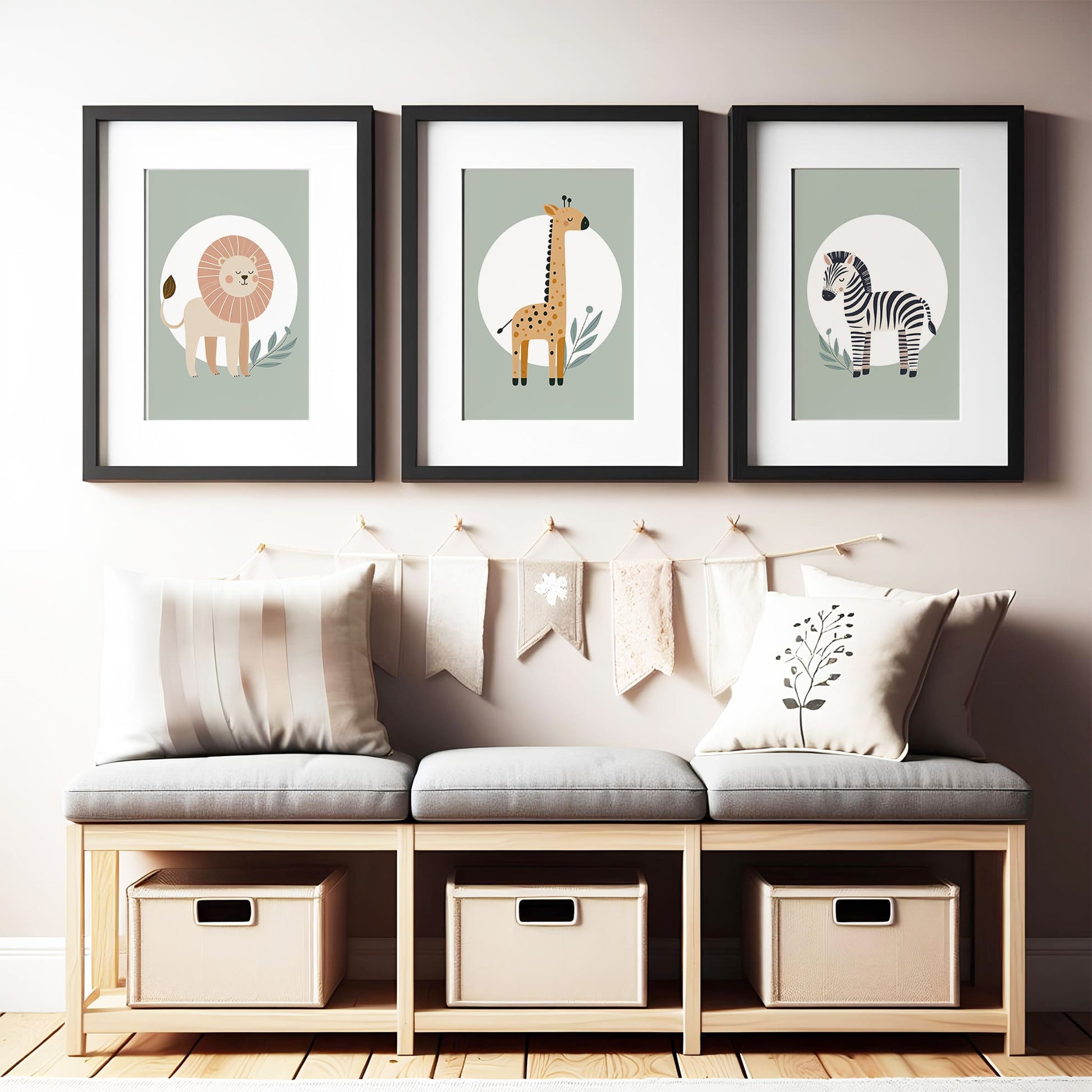 Set of three A4 prints featuring minimalist illustrations in muted tones. Each print depicts a different animal: a lion, a zebra, and a giraffe. The background is sage green with a white circle on which the animal is overlaid.