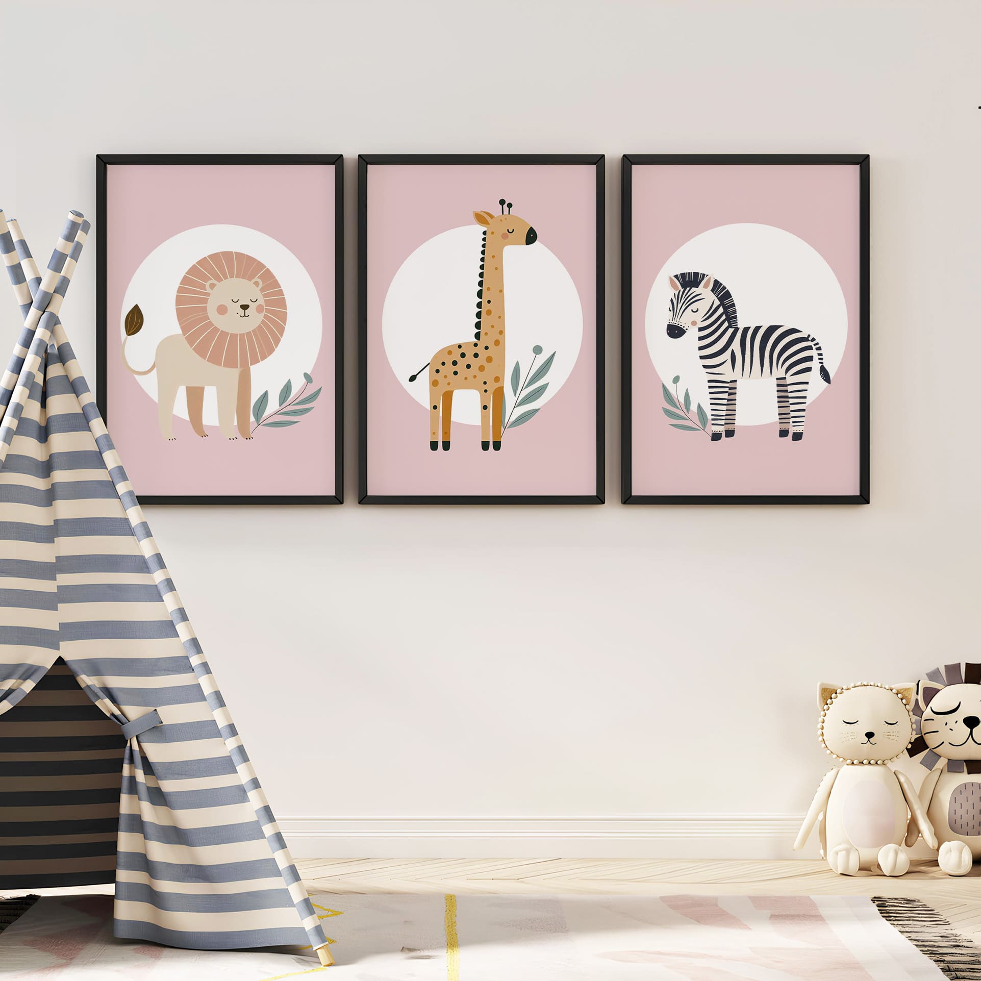 Set of three A4 prints featuring minimalist illustrations in muted tones. Each print depicts a different animal: a lion, a zebra, and a giraffe. The background is dusty pink with a white circle on which the animal is overlaid.