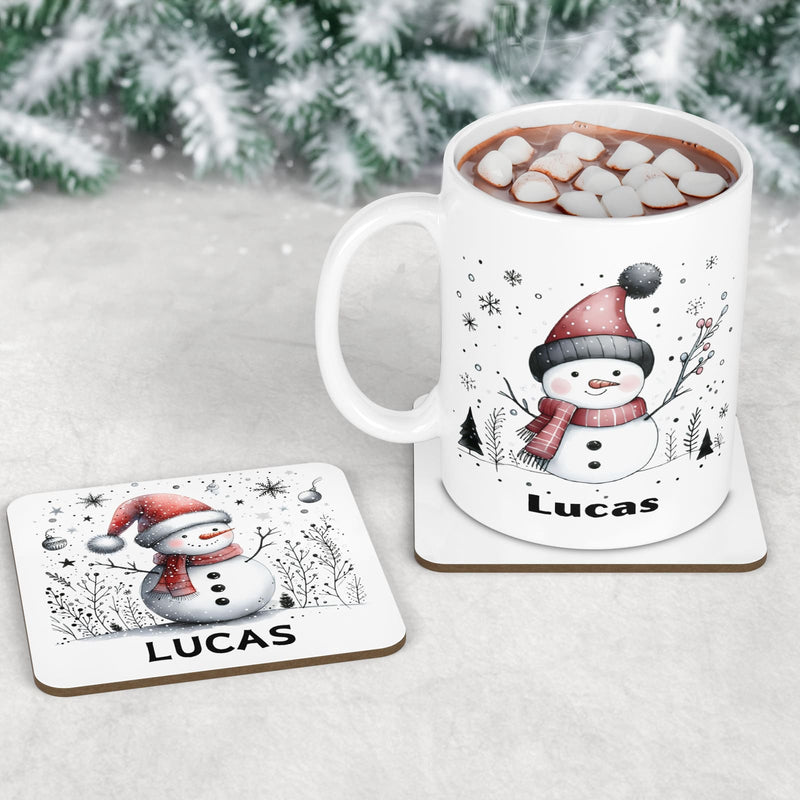 Kids Christmas mug and coaster set featuring a simplistic snowman design and personalised with childs name