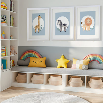 Minimalist Blue Safari Set of 3 | Children's Wall Art