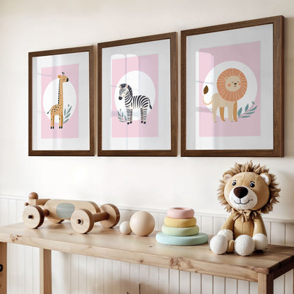Minimalist Pink Safari Set of 3 | Children's Wall Art