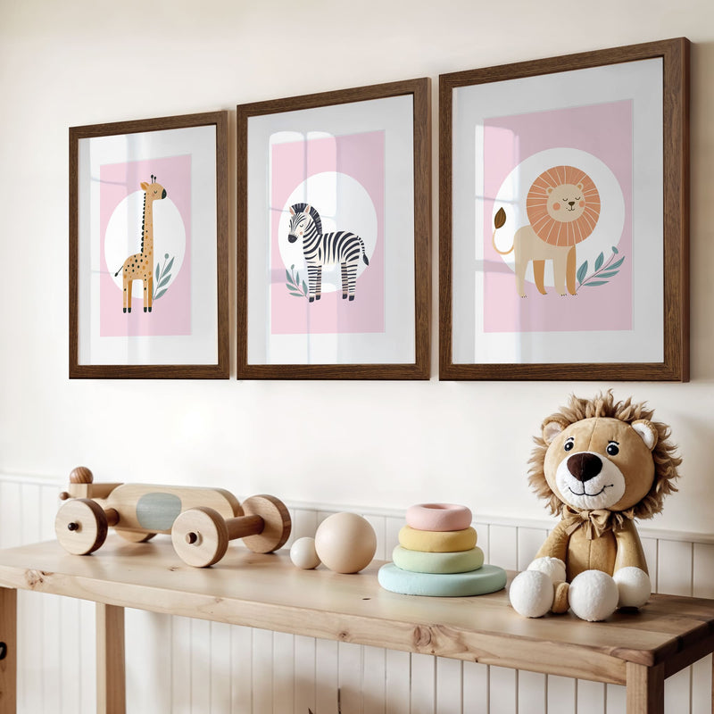 Minimalist Pink Safari Set of 3 | Children's Wall Art