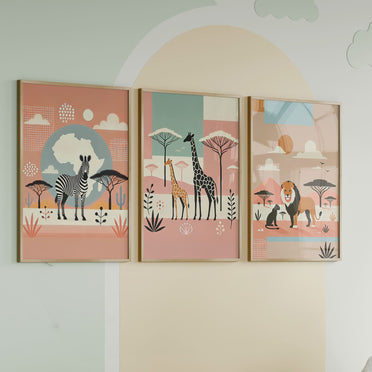 This vibrant set of 3 blends earthy safari tones with playful abstract elements—dotted textures, organic plant shapes, and pops of colour. A contemporary twist on boho safari décor, these prints bring a fresh, artistic energy