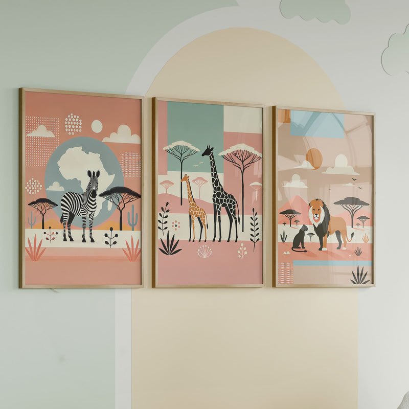 This vibrant set of 3 blends earthy safari tones with playful abstract elements—dotted textures, organic plant shapes, and pops of colour. A contemporary twist on boho safari décor, these prints bring a fresh, artistic energy