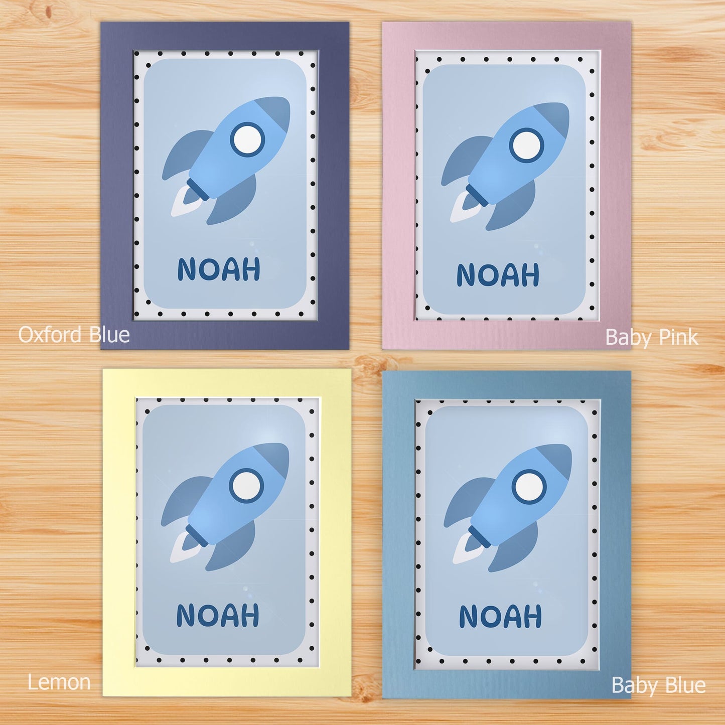 Nursery prints mounted on a white backboard with a choice of coloured front mount - Oxford Blue, Baby Blue, Baby Pink, Lemon. The mount features subtle stripes for added texture.