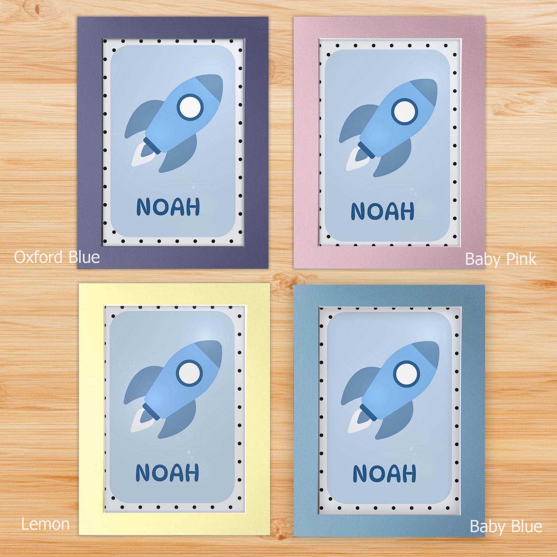Nursery prints mounted on a white backboard with a choice of coloured front mount - Oxford Blue, Baby Blue, Baby Pink, Lemon. The mount features subtle stripes for added texture.