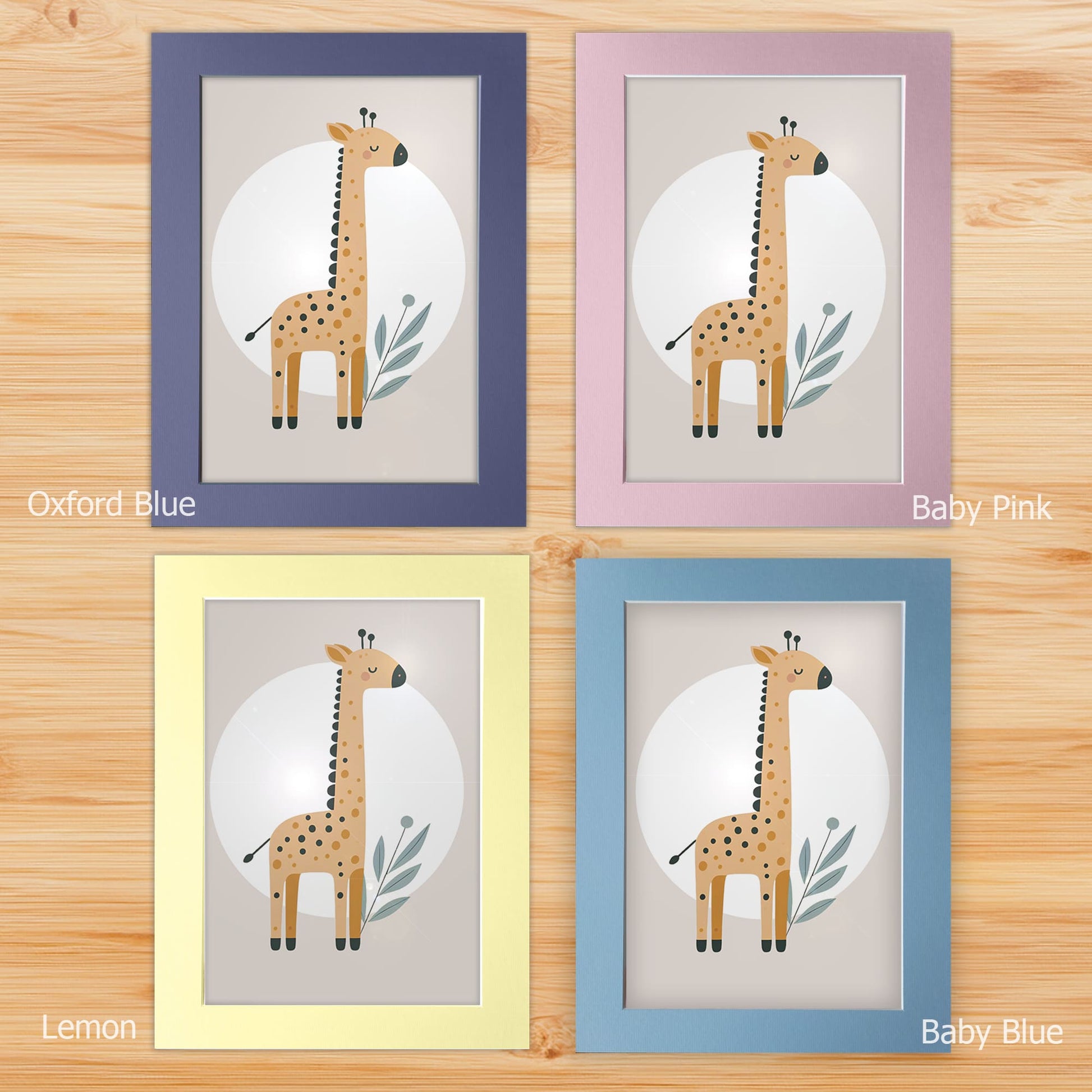 Nursery prints mounted on a white backboard with a choice of coloured front mount - Oxford Blue, Baby Blue, Baby Pink, Lemon. The mount features subtle stripes for added texture.