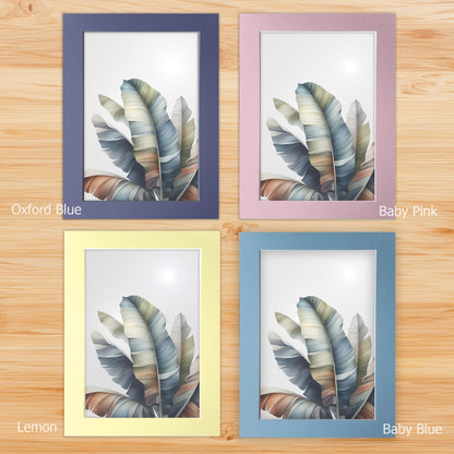 Nursery prints mounted on a white backboard with a choice of coloured front mount - Oxford Blue, Baby Blue, Baby Pink, Lemon. The mount features subtle stripes for added texture.
