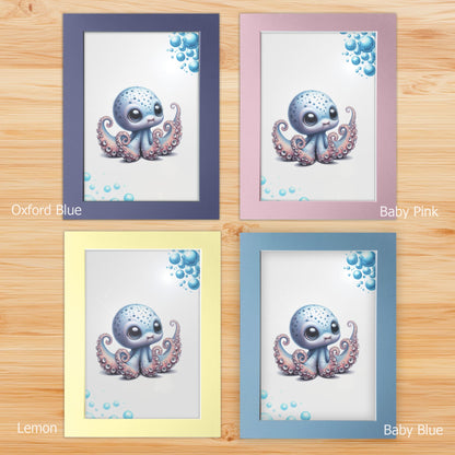 Nursery prints mounted on a white backboard with a choice of coloured front mount - Oxford Blue, Baby Blue, Baby Pink, Lemon. The mount features subtle stripes for added texture.