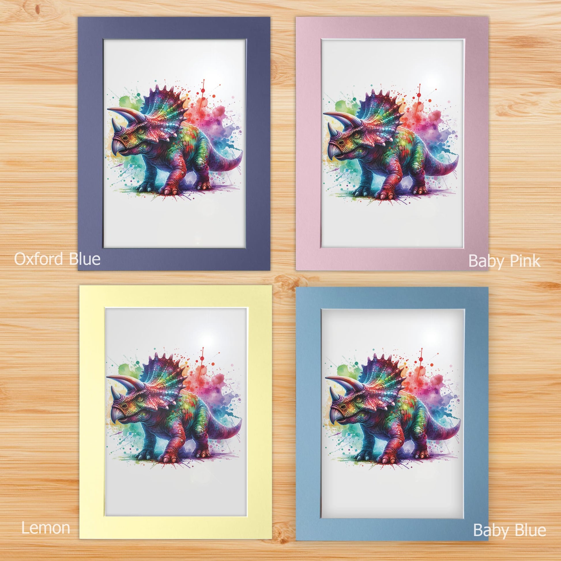 Nursery prints mounted on a white backboard with a choice of coloured front mount - Oxford Blue, Baby Blue, Baby Pink, Lemon. The mount features subtle stripes for added texture.