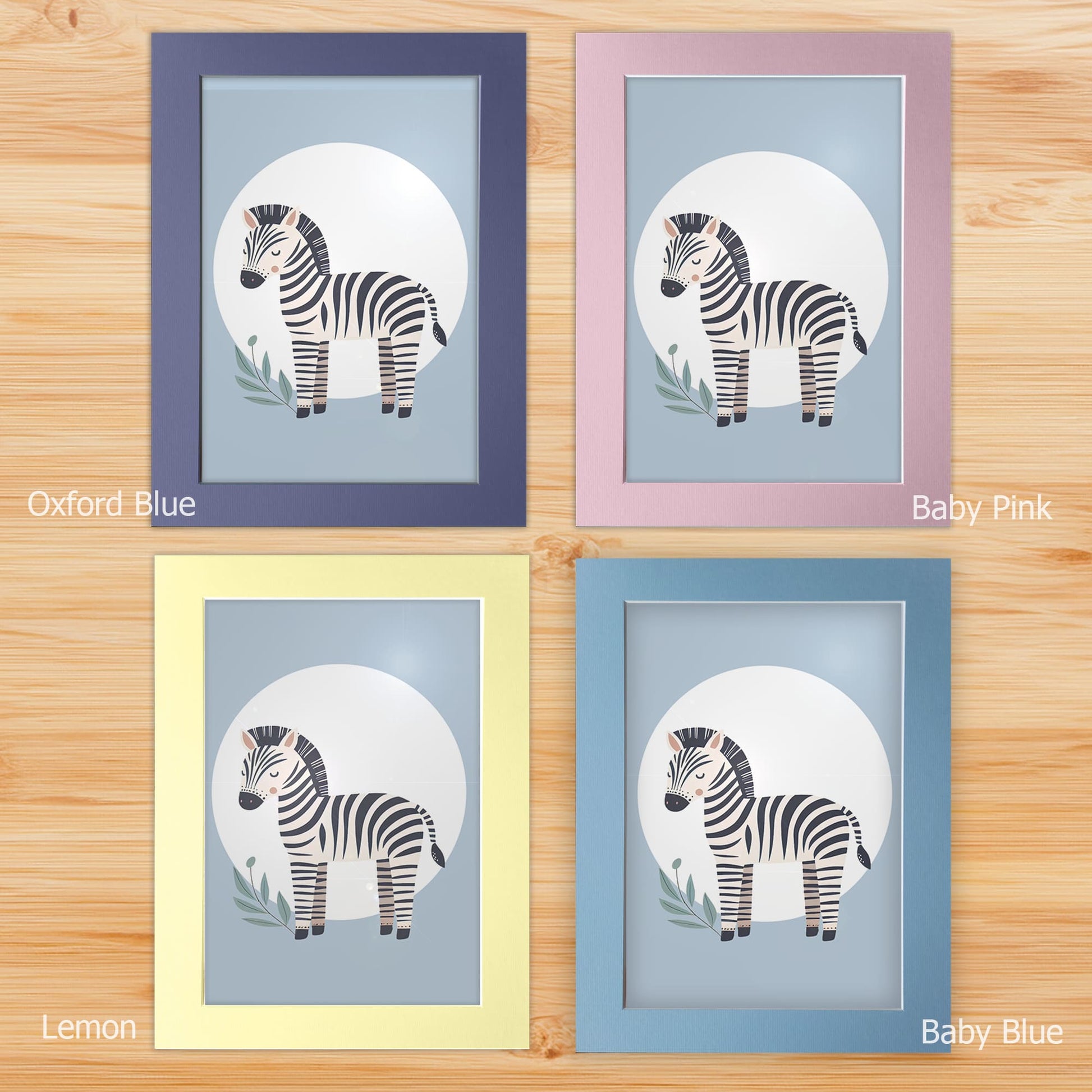 Nursery prints mounted on a white backboard with a choice of coloured front mount - Oxford Blue, Baby Blue, Baby Pink, Lemon. The mount features subtle stripes for added texture.