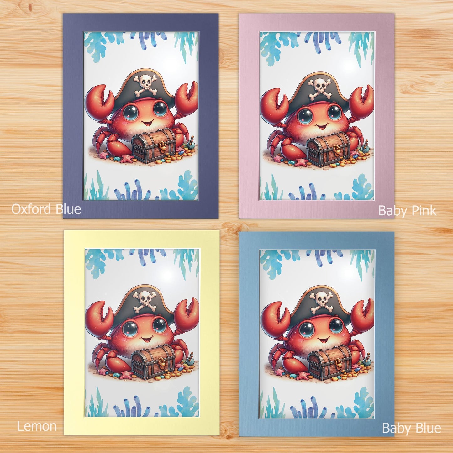Nursery prints mounted on a white backboard with a choice of coloured front mount - Oxford Blue, Baby Blue, Baby Pink, Lemon. The mount features subtle stripes for added texture.