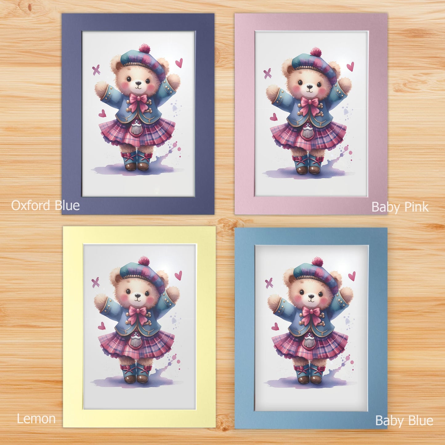 Nursery prints mounted on a white backboard with a choice of coloured front mount - Oxford Blue, Baby Blue, Baby Pink, Lemon. The mount features subtle stripes for added texture.