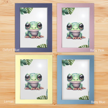Nursery prints mounted on a white backboard with a choice of coloured front mount - Oxford Blue, Baby Blue, Baby Pink, Lemon. The mount features subtle stripes for added texture.
