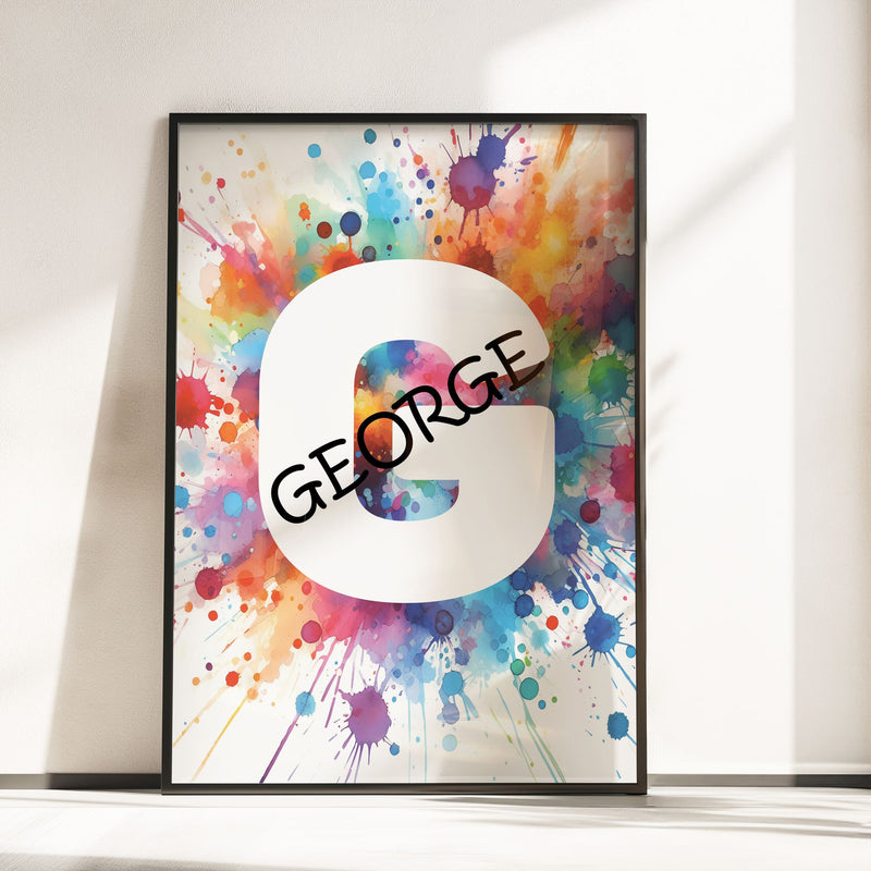Set of 3 dinosaur prints for children's nursery décor. Two prints feature vibrant, multicoloured dinosaurs in watercolour effects, while the third showcases watercolour splashes with a white initial letter and personalised black name