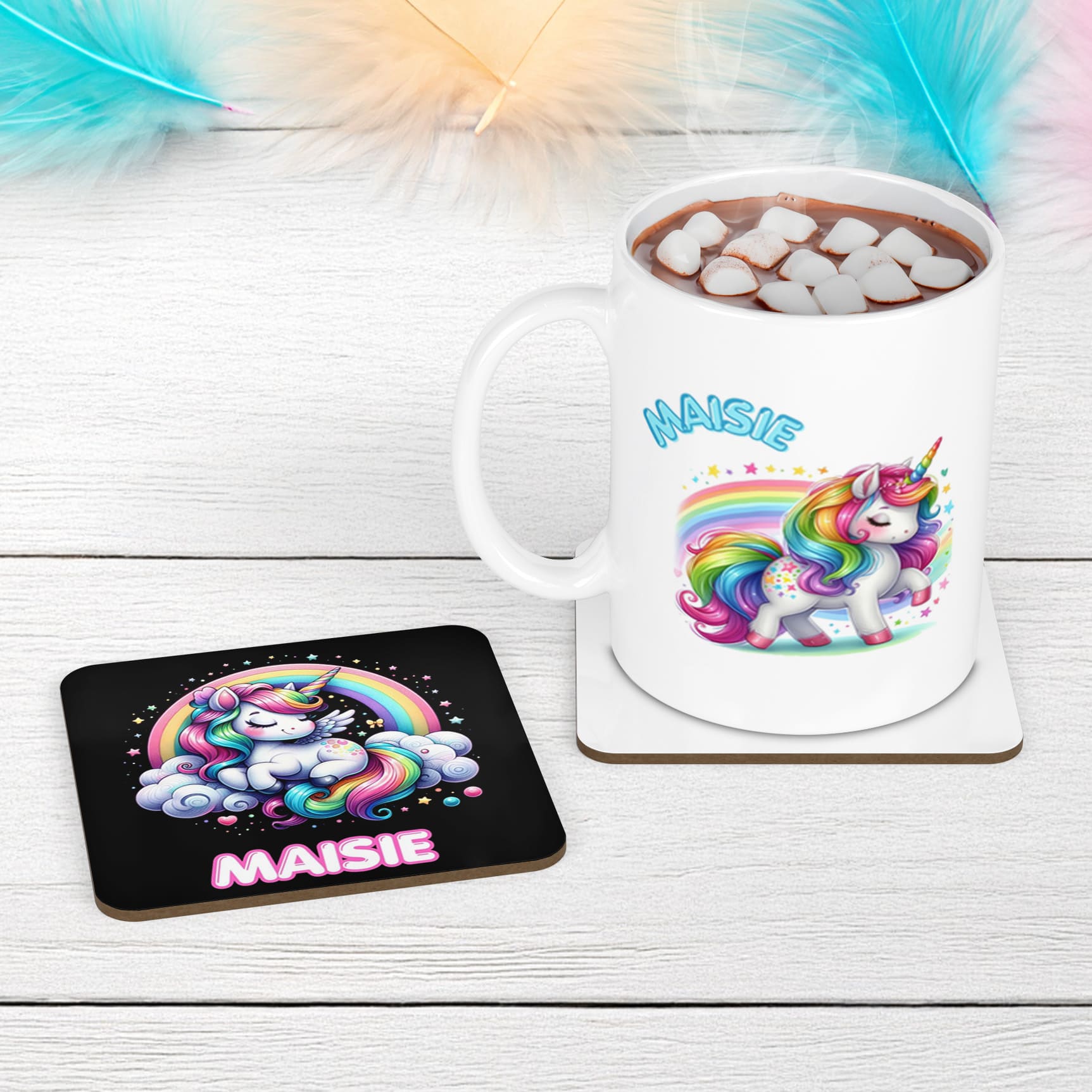 Bright Neon Unicorn Designs on a black coaster and white mug. Both personalised with your childs name