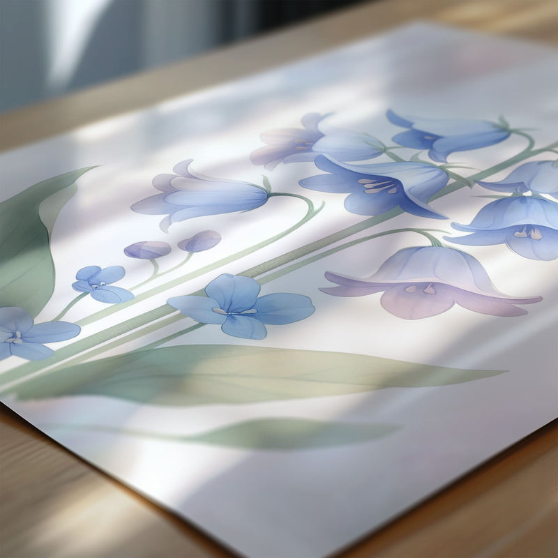 Three botanical prints with soft pastel illustrations of a sunflower, bluebell, and forget-me-not, perfect for a delicate, nature-inspired decor.