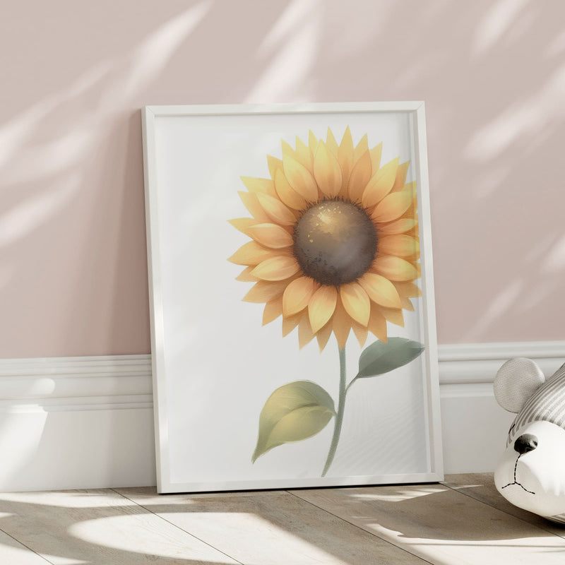 Three botanical prints with soft pastel illustrations of a sunflower, bluebell, and forget-me-not, perfect for a delicate, nature-inspired decor.