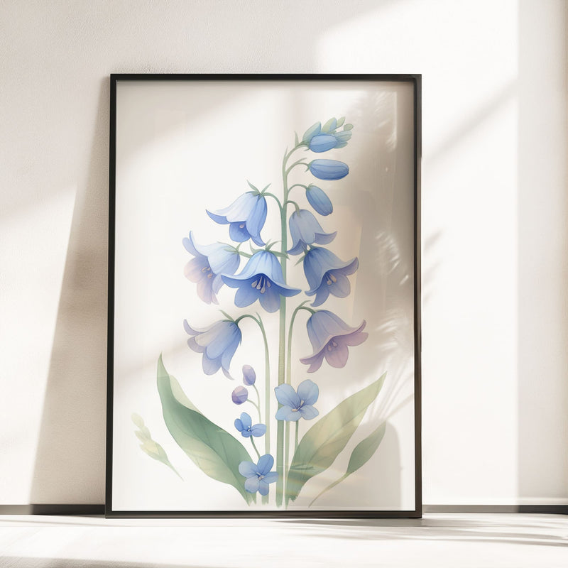 Three botanical prints with soft pastel illustrations of a sunflower, bluebell, and forget-me-not, perfect for a delicate, nature-inspired decor.