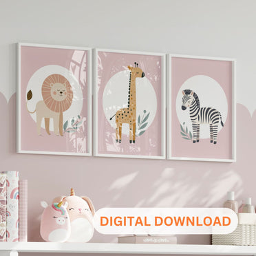 Printable Pink Minimalist Safari Nursery Wall Art - Instant Download