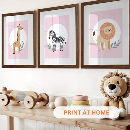 Printable Pink Minimalist Safari Nursery Wall Art - Instant Download
