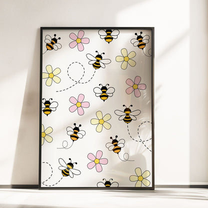 Retro Pink Bumble Bee Nursery Wall Art | Set of 3 Personalised Prints