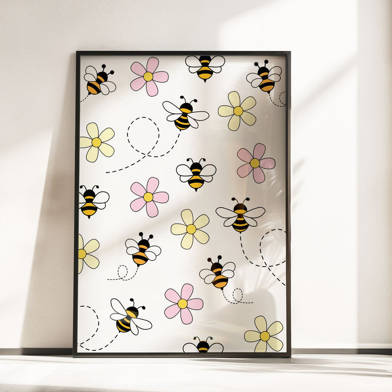 Retro Pink Bumble Bee Nursery Wall Art | Set of 3 Personalised Prints